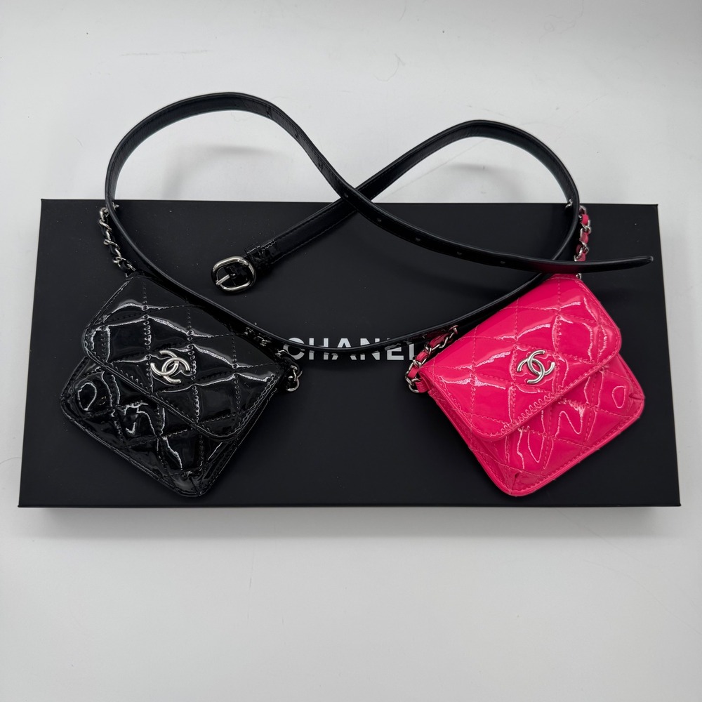 Chanel Dual Mini Pouch Belt Bag Quilted Patent Leather Black Pink Series 29